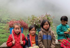 ethnic kids in ha giang on their way back from flower picking in the fields