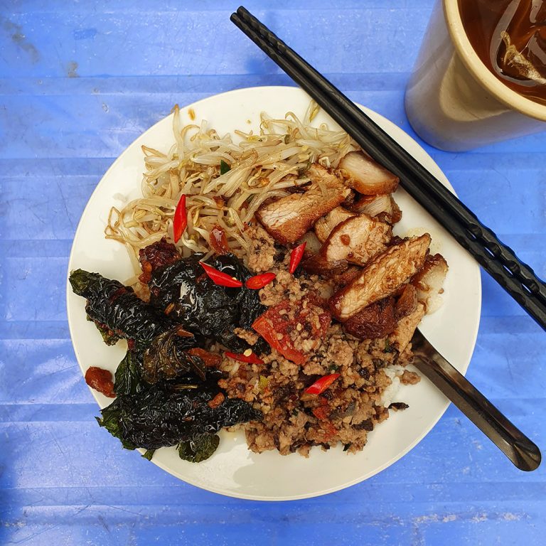 pork and rice at a popular eatery by Chau Long Market