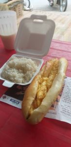 a breakfast of egg sandwich and sticky rice in Muong Lat
