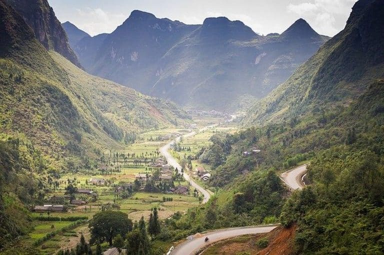 winding road through valley in Ha Giang