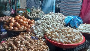 onions eggs, garlic and shallots on sale in the market Cao Bang city
