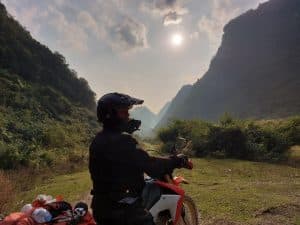 Rentabike Vietnam rider on his bike in the evening in Mu Cang Chai