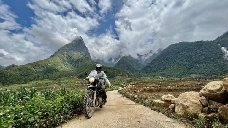 riding through northern Vietnam on a Royal Enfield Himalayan