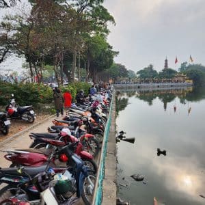 A line of motorbikes parked outside Tran Quoc Pagoda on the first days of Tet