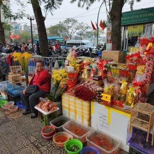 Offerings, fish and birds for sale outside Tran Quoc Pagoda on West Lake