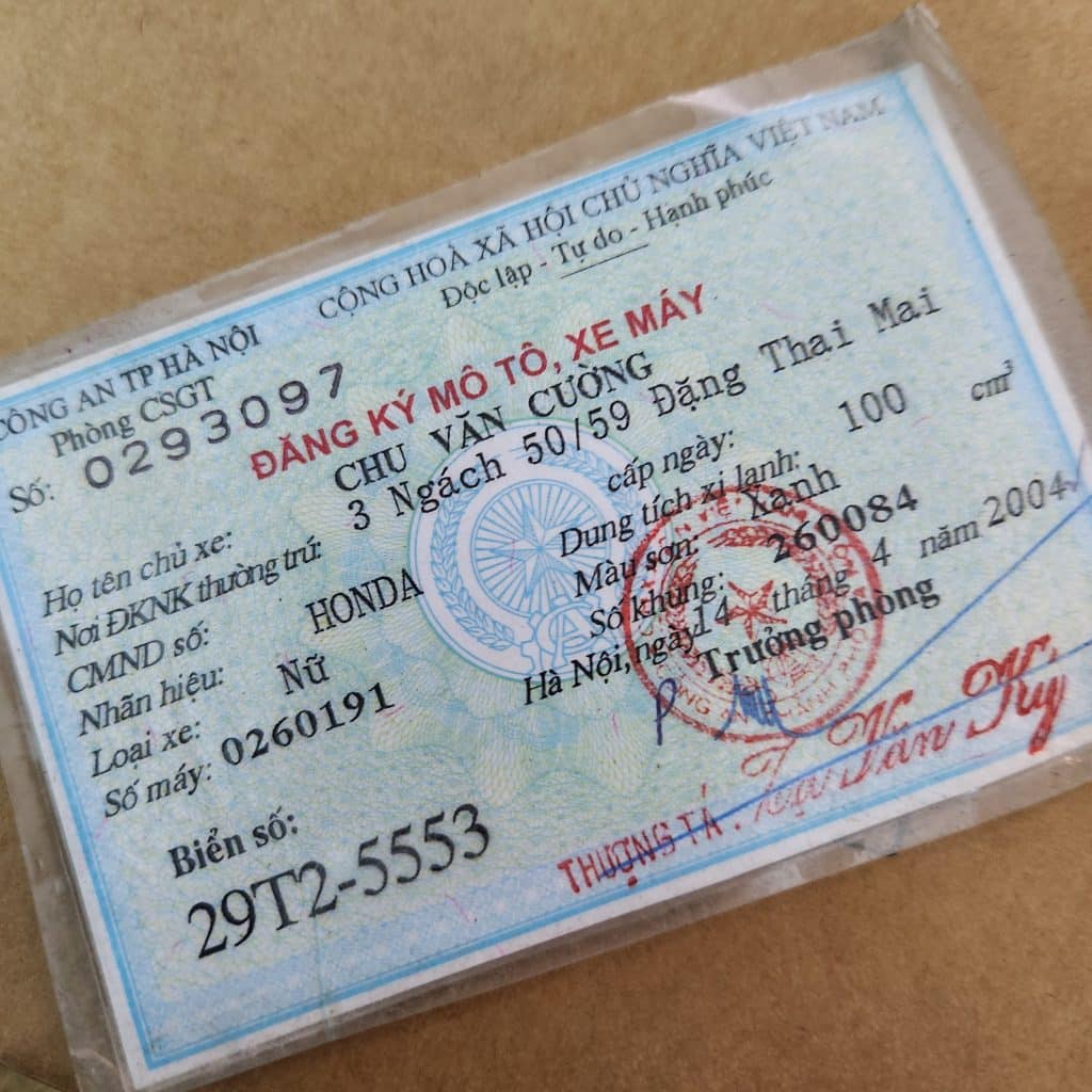 Vietnamese Vehicle Registration (Blue) Card for a honda wave