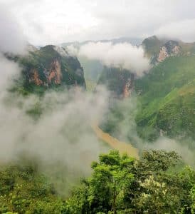 Misty Mountain view of the Tu San Gorge and the Nho Que River in ha giang