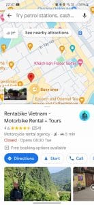 Screenshot on mobile phone of rentabike vietnam google maps pin