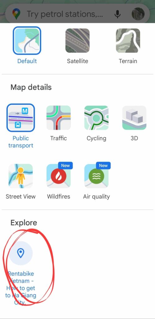 Screenshot on mobile phone of rentabike vietnam google maps layer tab