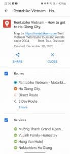 rentabike vietnam map legend on google maps shown on a mobile phone