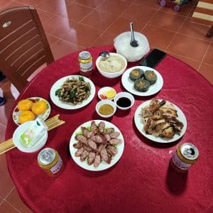 dinner in the homestay on the Cao Bang Loop
