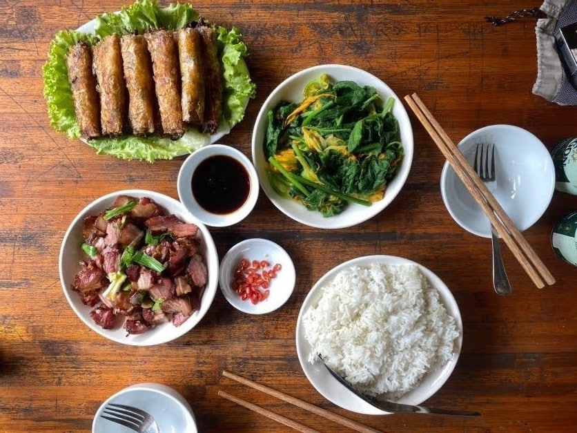 A typical vietnamese dinner in a local homestay