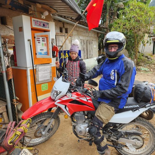 Filling up with petrol in the smallest petrol station in northern vietnam