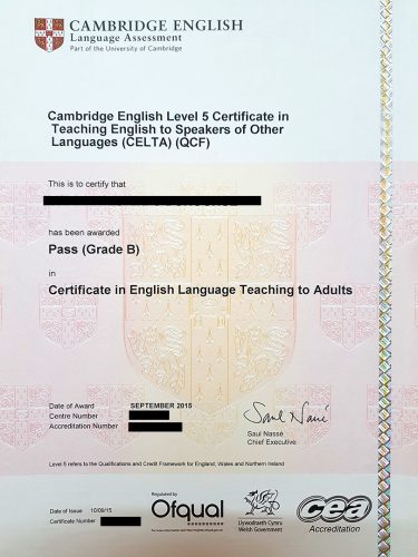 CELTA (Certification in English Language Teaching of Adults) certificate