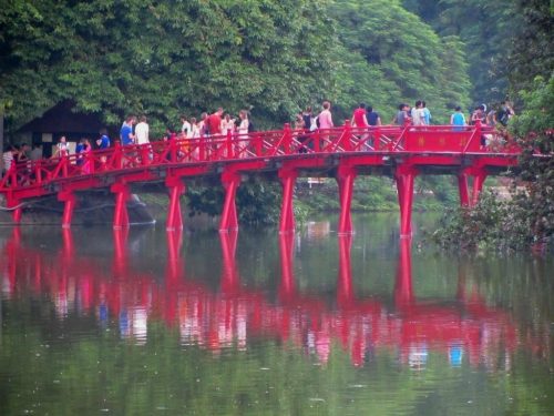Huc Bridge on Hoan Kiem Lake in Hanoi - the end of a 2,000km road trip