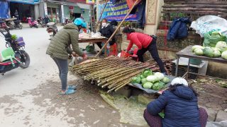 a woman choosing which sugar cane to buy in Bac Son Market, Lang Son
